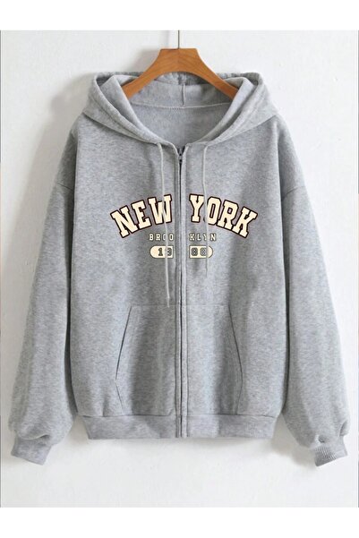 OVER HEAD Unisex New York California Printed Hooded Cardigan Jacket
