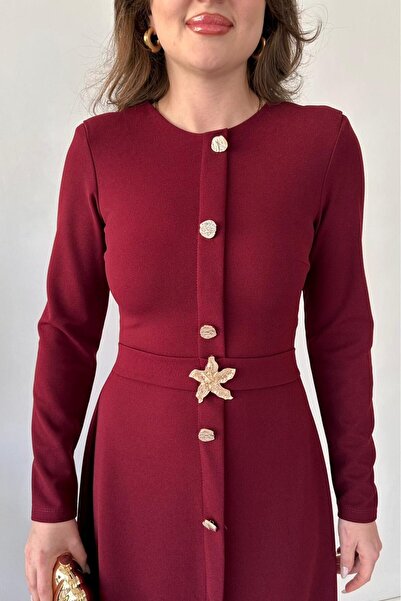 MaziButik Star Buckled Long Sleeve Dress Burgundy