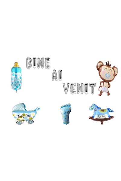 OEM Set baloane de bun venit, pentru bebeluș băiețel, decor tort, 18 buc, arg...