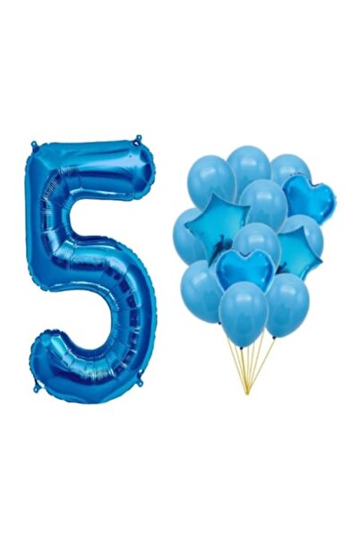 OEM Set de 15 baloane albastre, aniversare de 5 ani, număr 100 cm, stele 45 c...