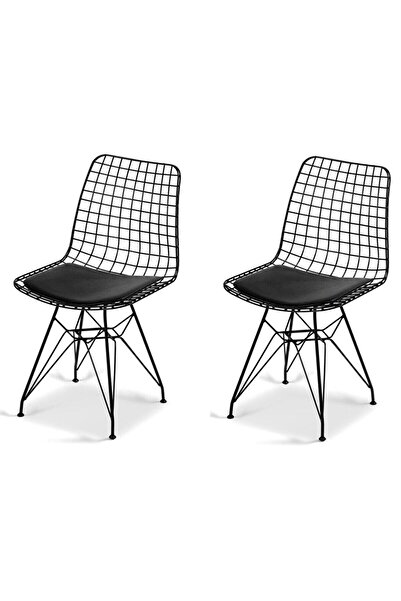 teknotrust 2'li Siyah Tel/Kafes Sandalye, Mutfak, Balkon, Salon, Cafe, Minder...
