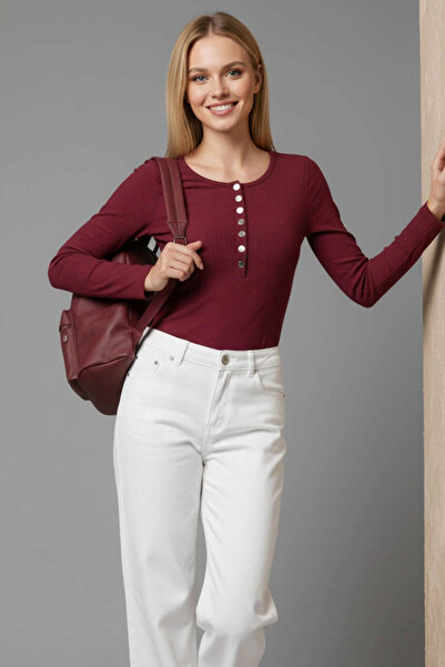 Ethab Ticaret Snap Detailed Blouse Burgundy