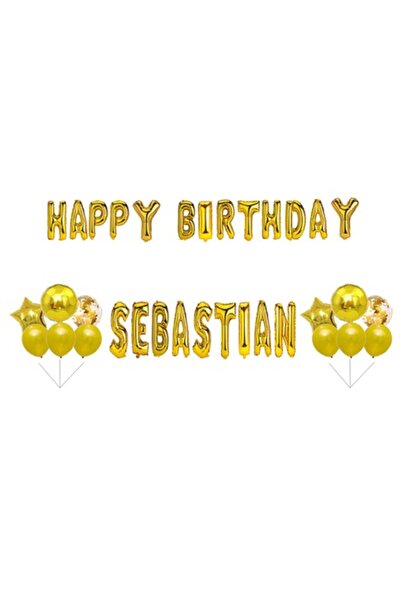 OEM Set Baloane Happy Birthday Sebastian, Cake topper, Auriu, 35Buc