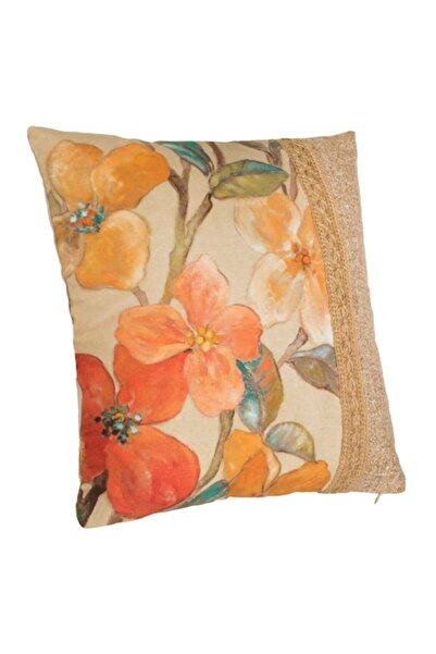 OEM Perna Decorativa de Vara Ecru Portocalie Floral cu Margine de Iuta 45x45cm