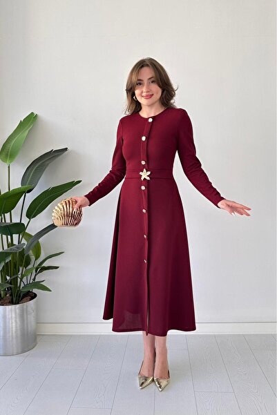 MaziButik Star Buckled Long Sleeve Dress Burgundy
