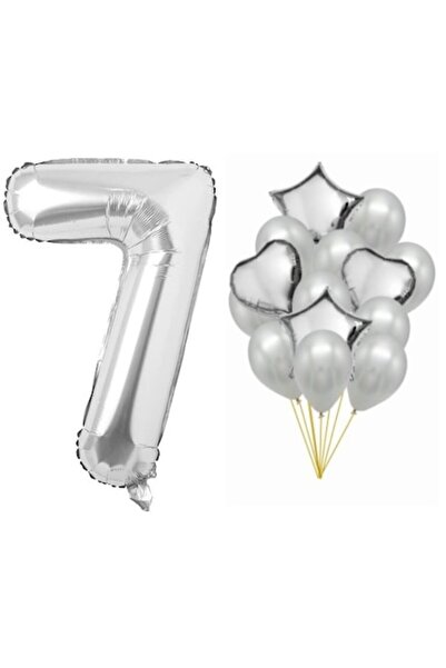 OEM Set 15 baloane argintii, aniversare 7 ani, număr 100 cm, steluțe 45 cm, i...