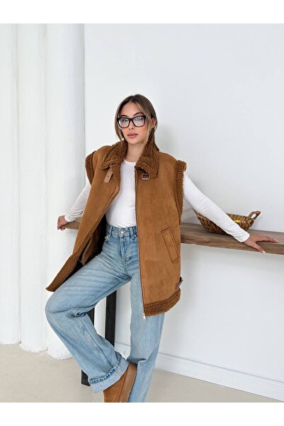 timagna Kadın Taba Kürk Detaylı Süet Görünümlü Oversize Yelek