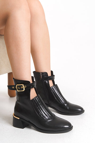 bolemo Kadın Siyah Rugan Önü Lastikli Tokalı Fermuarlı Günlük Bot