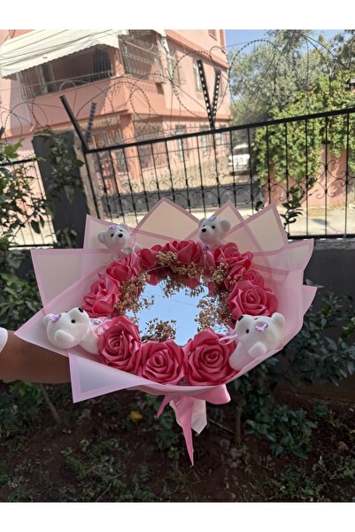 PARSÇİÇEK Aynalı Ledli Ayıcıklı Yapay Gül Buketi Sevgiliye Anneye Arkadaşa Hediyelik Yapay Çiçek