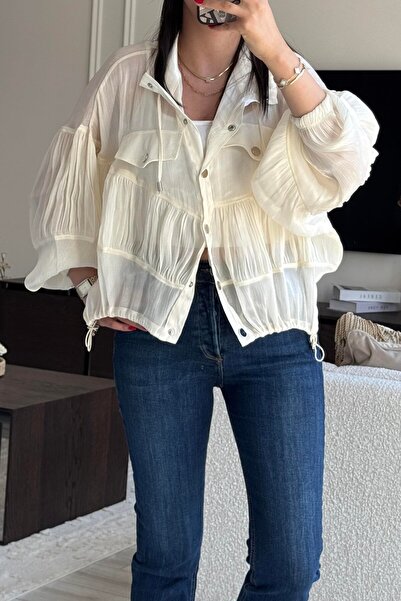 Suziş Beige Color Drawsting Chiffon Shirt Jacket Kl3050