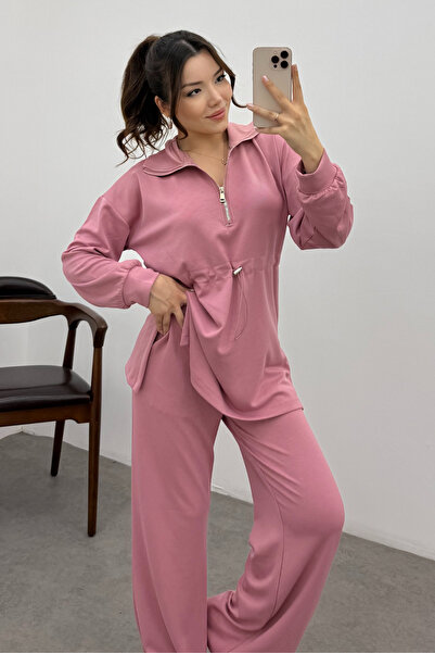Bipantolon Women's Pink Elastic Waist Zippered Modal Sweat Suit