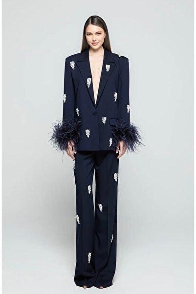 Bohai Design Lacivert Şık Taş İşleme Detaylı Kolları Modern Tüylü Taşlı Otriş...