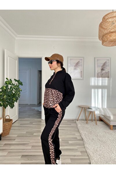 Modayakamoz Women's Long Sleeve Leopard Detail Sweat and Leopard Stripe Detail Trousers Double Set