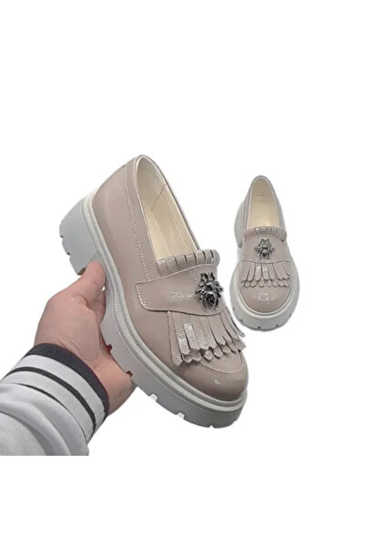 Piello Women's Loafers, Patent Leather, with Fringes and Metal Accessory, Nude