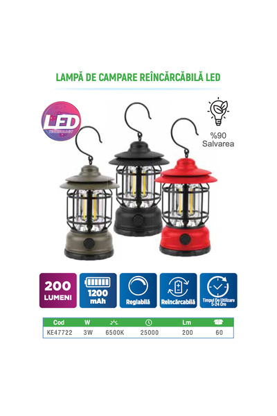 Klaus Green Rechargeable LED Camping Lamp, 3W, 200 Lumens, 1200mAh, Adjustabl...