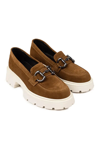 Piello Women's Loafers with Metallic Ornament, White Sole, Suede, Brown