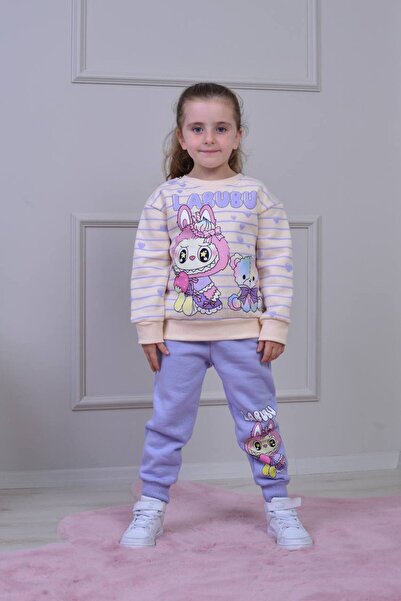 Yağmur Giyim طقم رياضي بناتي من القطن 100% بنقشة لابوبو من PJK3İ، 3 خيوط، مقا...