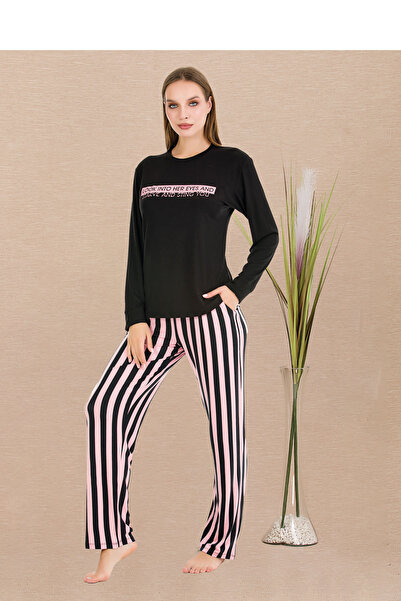 MOPİ Țesătură moale din viscoză, cu dungi negre-roz, cu buzunare și mâneci lu...