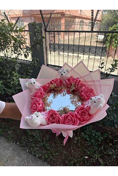 PARSÇİÇEK Aynalı Ledli Ayıcıklı Yapay Gül Buketi Sevgiliye Anneye Arkadaşa Hediyelik Yapay Çiçek