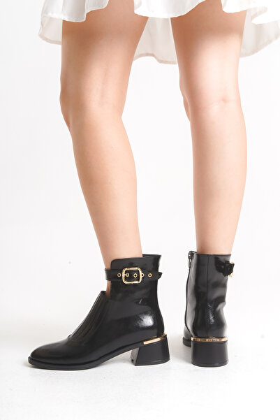 bolemo Kadın Siyah Rugan Önü Lastikli Tokalı Fermuarlı Günlük Bot