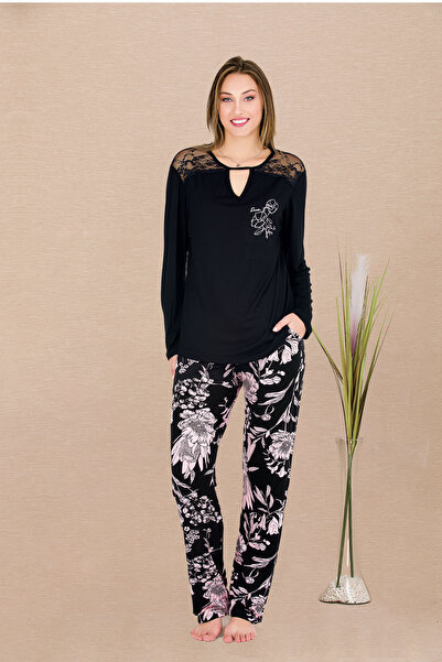 MOPİ Soft Viscose Fabric Floral Pattern Pocket Bottom and Lace Shoulder Top S...