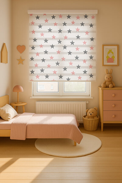 Pembepanjurevtekstıl (ENXBOY)YILDIZ DESEN DİJİTAL BASKILI ZEBRA PERDE-ÇOCUK ODASI PERDESİ-ZEBRA STOR PERDE