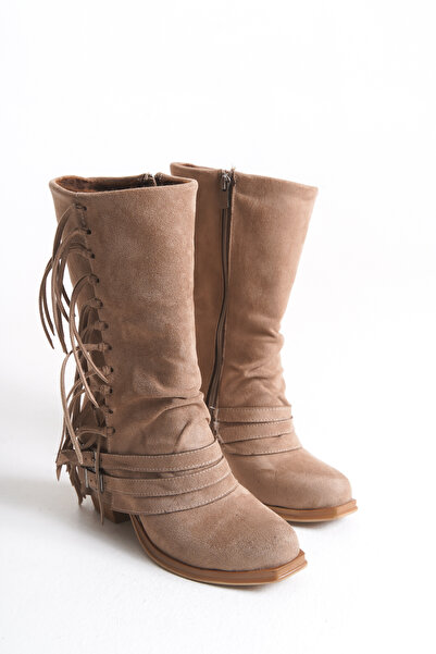 bolemo Kadın Vizon Süet Püsküllü Fermuarlı Çizme 0732