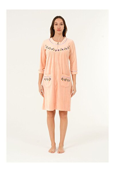 LC Waikiki Women's Zippered Embroidery Detailed Cotton Velvet Dress