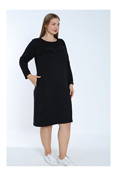 LC Waikiki Women's Black Plus Size Long Sleeve Stone Detailed Pocket Cotton Dress