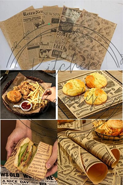 Amentes Kendinden Desenli Yağlı Kağıt | 50 Adet Vintage Gazete Desen Sunum Kağıdı | Karışık Desen