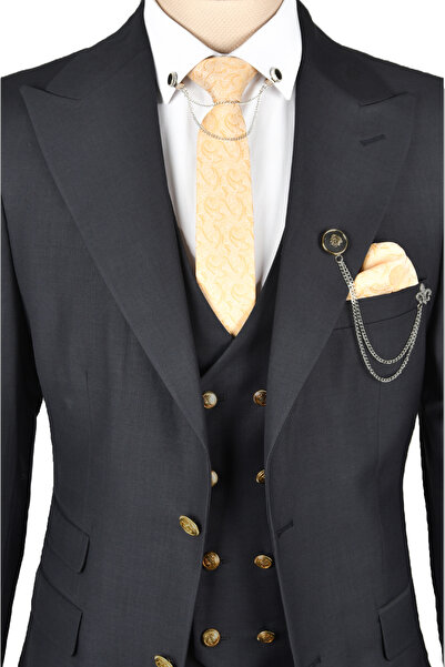 DeepSEA Чоловічий чорний костюм зі гострим коміром Slim Fit, 3-компонентний 2300244