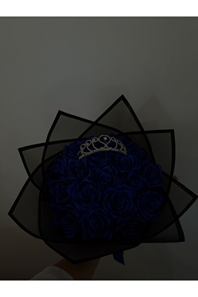 PARSÇİÇEK Gerçek Görünümlü Saks Mavisi Simli Taçlı Zarif Yapay Gül Buketi Yapay Çiçek