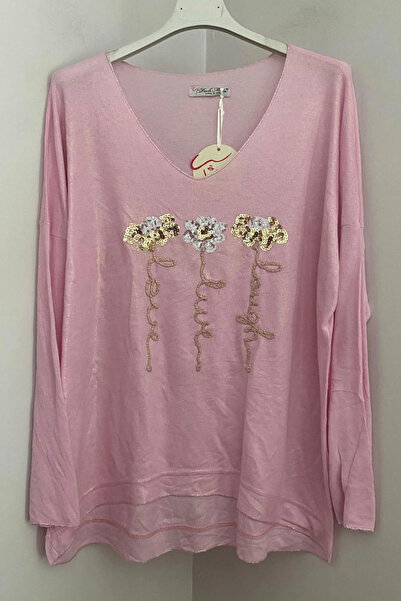 AYASOFYA OTANTIK Bluză de damă, italiană, roz, cu decolteu în V, cu panglică aurie în față, cu model de paiete, cu mâneci lungi, largi
