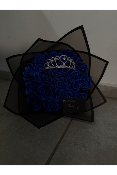 PARSÇİÇEK Gerçek Görünümlü Saks Mavisi Simli Taçlı Zarif Yapay Gül Buketi Yapay Çiçek