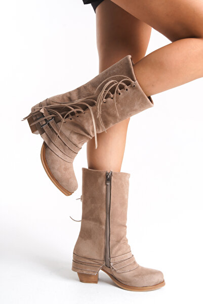 bolemo Kadın Vizon Süet Püsküllü Fermuarlı Çizme 0732