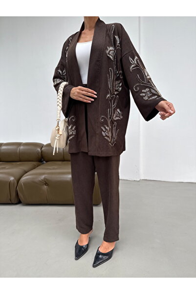 MİA NOURA Women's Oversize Fit Kimono with Beaded Embroidery on the Front