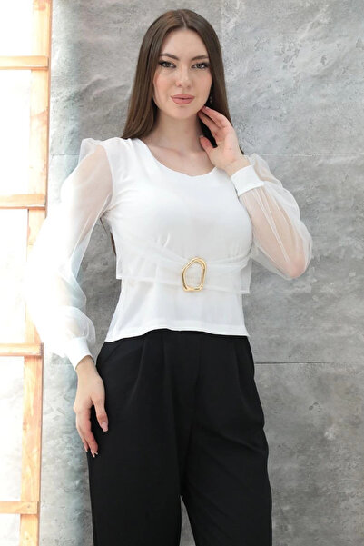 Zerenyus Buckle Tulle Sleeve Blouse White