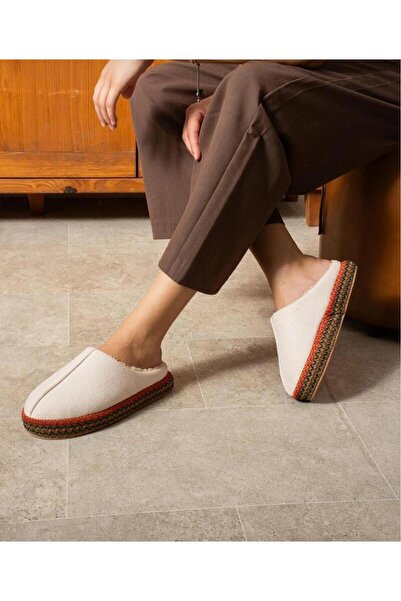 Melikoğlu Ayakkabı Fur-Lined Straw Strip House Slippers