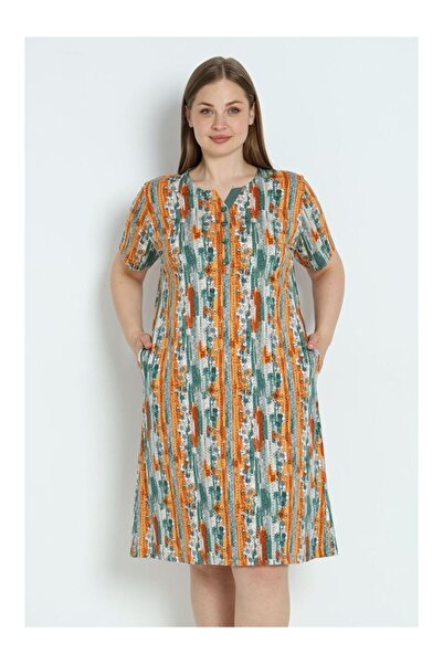 LC Waikiki Dámské bavlněné šaty s potiskem větší velikosti s kapsami na knoflíky