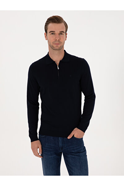 Cacharel Lacivert Regular Fit Yün Karışımlı Fermuarlı Polo Yaka Basic Triko K...