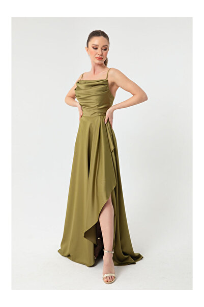 LC Waikiki Kadın Yağ Yeşili Volanlı Yırtmaçlı Saten Abiye & Mezuniyet Elbisesi