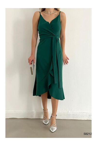 LC Waikiki Green Flounced Midi Belted Dress