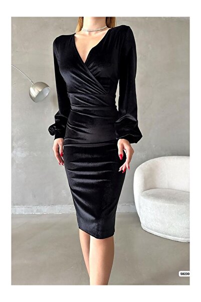 LC Waikiki Μαύρο Βελούδινο Φόρεμα Μακρυμάνικο Διπλό Φόρεμα