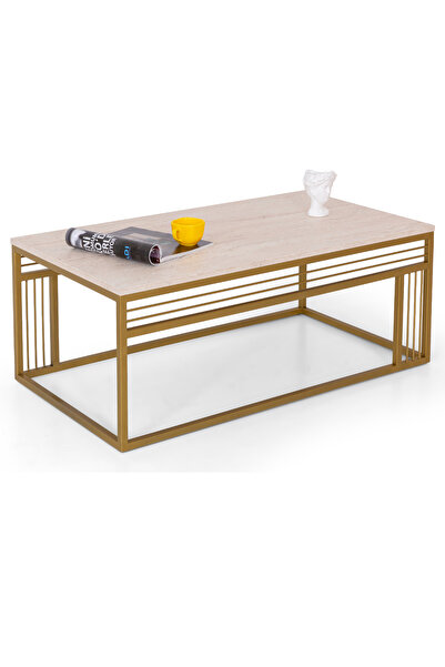 Mobievim Milano Lüks Orta Sehpa – Metal Ayaklı Traverten Üst Tablalı Dikdörtg...