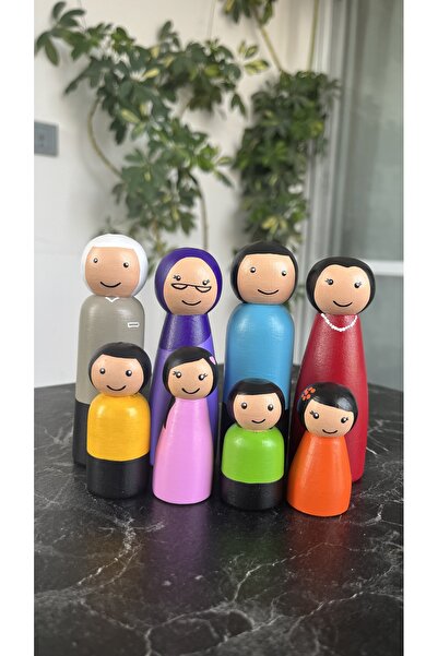 Alf Wood 8'li Geniş Aile Ahşap Peg Bebek Seti | Montessori Waldorf Eğitici Oyuncak