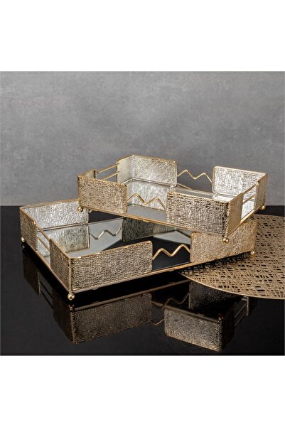 Hinora طقم صواني مستطيلة معدنية لامعة أنيقة بمرآة مكونة من قطعتين 20x30 سم-26...