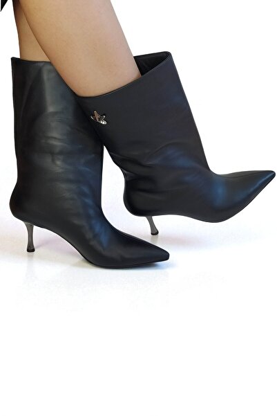 ERS Air Comfort حذاء نسائي متوسط ​​الطول من الجلد الطبيعي باللون الأسود – كعب...