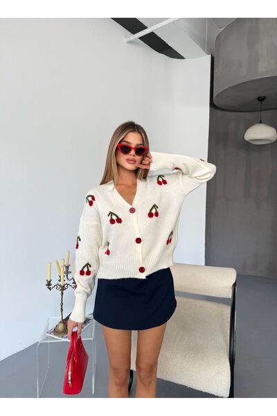 QARA Cherry Patterned Knitwear Cardigan