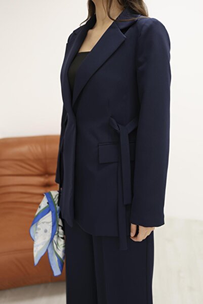 Hazel Women's Navy Blue Side Belted Blazer Jacket Pants Set