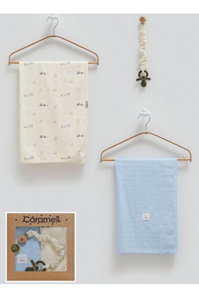 Caramell İncibaby Play All Day 3-Piece Set (1 Combed Cotton Blanket - 1 Muslin Blanket - 1 Pacifier Strap) 80X90 cm